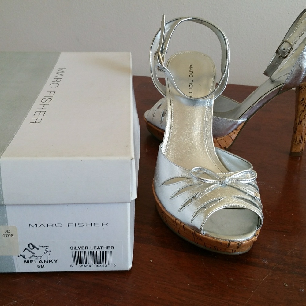 Marc Fisher Silver Strappy Sandals with cork base